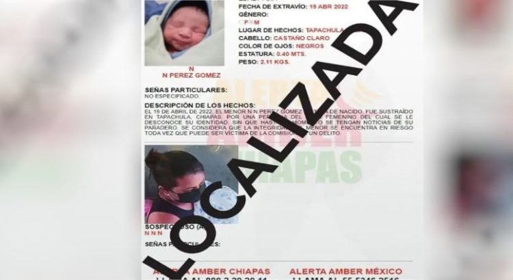 Recuperan a bebé recién nacido que fue robado en Chiapas