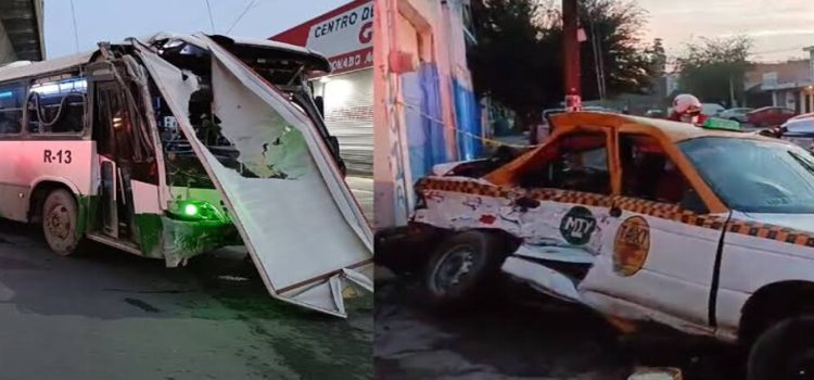 Mujer muere en choque de camión urbano y taxi en Monterrey