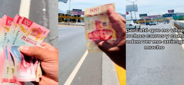 Motociclista arriesga su vida por recolectar billetes tirados en calles de Monterrey